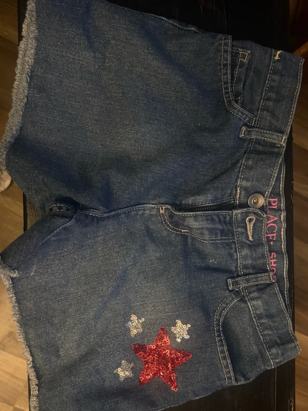 The Children's Place Dark Blue Denim Shorts with Red Sequin Star